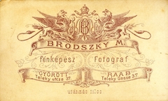 Magyarország, Győr, Teleky utca 37., Brodszky Miklós fényképész. A felvétel 1880-ban készült., 1900, Mészöly Leonóra, műterem, fényképész, hátlap, Fortepan #90070