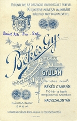 Magyarország,Románia,Erdély, Békéscsaba,Gyula,Nagyszalonta, Városház utca 8., n/a, Fő tér, Békés Gyula fényképész., 1910, Mészöly Leonóra, műterem, fényképész, hátlap, Fortepan #90074