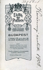 Hungary, Budapest VIII.,Budapest I., Fő utca 18., Baross út 73., Elbl és Pietsch fényképészek., 1908, Mészöly Leonóra, studio, photographer, verso, Budapest, Fortepan #90107