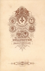 Magyarország, Budapest V., Petőfi Sándor (Koronaherceg) utca - Régi posta (Korona utca) sarkán, Ellinger Ede fényképész. A felvétel 1876-ban készült., 1900, Mészöly Leonóra, műterem, fényképész, hátlap, Budapest, Fortepan #90111