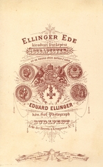 Magyarország, Budapest V., Petőfi Sándor (Uri) utca - Régi posta (Korona utca) sarkán, 2. szám, Ellinger Ede fényképész. A felvétel 1873-ban készült., 1900, Mészöly Leonóra, műterem, fényképész, hátlap, Budapest, Fortepan #90117