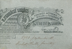 Romania,Transylvania, Ordorheiu Secuiesc, Kossuth utca 31., F. Ferenczy Lukács fényképészeti műterme., 1903, Mészöly Leonóra, studio, photographer, verso, Fortepan #90126