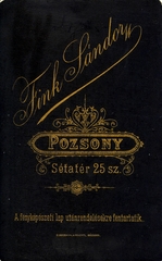 Szlovákia, Pozsony, Sétatér 25., Fink Sándor fényképész. A felvétel 1880-ban készült., 1900, Mészöly Leonóra, műterem, fényképész, hátlap, Fortepan #90131