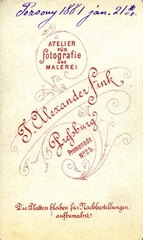 Szlovákia, Pozsony, Sétatér 25., Fink Sándor fényképész. A felvétel 1881-ben készült., 1900, Mészöly Leonóra, műterem, fényképész, hátlap, Fortepan #90132