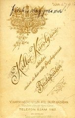 Magyarország, Budapest V., Harmincad utca 4., Koller Károly tanár utódai, fényképészek. A felvétel 1895-ben készült., 1900, Mészöly Leonóra, műterem, fényképész, hátlap, Budapest, Fortepan #90136