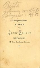 Magyarország, Budapest I., Iskola utca 653. (44), Josef Kohaut fényképész. A felvétel 1873-ban készült., 1900, Mészöly Leonóra, műterem, fényképész, hátlap, Budapest, Fortepan #90159