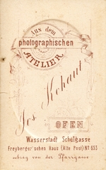 Magyarország, Budapest I., Iskola utca 653. (44.), Kohaut Jósef fényíró és festő. A felvétel 1870-ben készült., 1900, Mészöly Leonóra, műterem, fényképész, hátlap, Budapest, Fortepan #90161