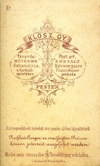 Magyarország, Budapest V., Kossuth Lajos (Hatvani) utca 18., Klösz György fényirdai műterme. A felvétel 1873-ban készült., 1900, Mészöly Leonóra, műterem, fényképész, hátlap, Budapest, Fortepan #90163