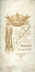 Románia,Erdély, Brassó, Purzengasse 536., Carl Muschalek fényképész. A felvétel 1892-ben készült., 1900, Mészöly Leonóra, műterem, fényképész, hátlap, Fortepan #90171