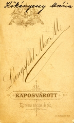 Magyarország, Kaposvár, Korona utca 5., Langsfeld Mór fényképész. A felvétel 1895-ben készült., 1900, Mészöly Leonóra, műterem, fényképész, hátlap, Fortepan #90190