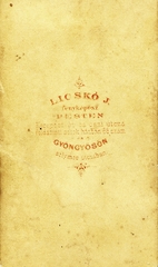 Magyarország, Budapest VII.,Gyöngyös, Rákóczi (Kerepesi) út 66., Solymos utca, Licskó fényképész. A felvétel 1865-ben készült., 1900, Mészöly Leonóra, műterem, fényképész, hátlap, Budapest, Fortepan #90191