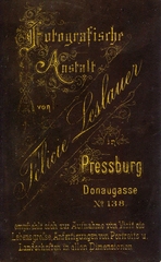 Szlovákia, Pozsony, Donaugasse 138., Felicie Leslauer fényképész. A felvétel 1880-ban készült., 1900, Mészöly Leonóra, műterem, fényképész, hátlap, Fortepan #90200