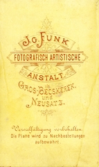 Szerbia, Nagybecskerek, Funk Ignác fényképész. A felvétel 1870-ben készült., 1900, Mészöly Leonóra, műterem, fényképész, hátlap, Fortepan #90201