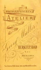 Románia,Erdély, Herkulesfürdő, Georg Müller fényképész. A felvétel 1870-ben készült., 1900, Mészöly Leonóra, műterem, fényképész, hátlap, Fortepan #90202