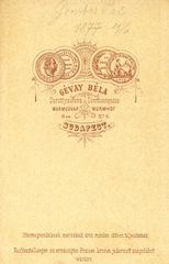 Magyarország, Budapest V., Dorottya utca 6., Gévay Béla fényképész. A felvétel 1877-ben készült., 1900, Mészöly Leonóra, műterem, fényképész, hátlap, Budapest, Fortepan #90214