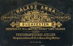 Magyarország, Budapest VIII., Rákóczi (Kerepesi) út 19., Halász Anna műterme. A felvétel 1880-ban készült., 1900, Mészöly Leonóra, műterem, fényképész, hátlap, Budapest, Fortepan #90222