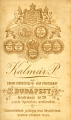 Magyarország, Budapest VI., Andrássy út 29., Kalmár Péter fényképész. A felvétel 1885-ben készült., 1900, Mészöly Leonóra, műterem, fényképész, hátlap, Budapest, Fortepan #90242