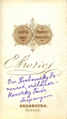 Szlovákia, Pozsony, Promenade 2., Kozics E. fényképész. A felvétel 1867-ben készült., 1900, Mészöly Leonóra, műterem, fényképész, hátlap, Fortepan #90268