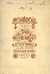 Magyarország, Budapest V., Kristóf tér 3., Kózmata Ferencz fényképész. A felvétel 1879-ben készült., 1900, Mészöly Leonóra, műterem, fényképész, hátlap, Budapest, Fortepan #90279