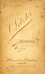 Szlovákia, Kassa, Fő utca 25., Letzter S. fényképész. A felvétel 1885-ben készült., 1900, Mészöly Leonóra, műterem, fényképész, hátlap, Fortepan #90289