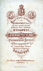 Magyarország, Budapest VII., Király utca 47., Klauzál (Kismező) utca, Liederhoffer Vilmos fényképész. A felvétel 1870-ben készült., 1900, Mészöly Leonóra, műterem, fényképész, hátlap, Budapest, Fortepan #90291