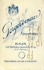 Magyarország, Baja, Gróf Batthyány Lajos utca 16., Perger Vincze fényképész., 1900, Mészöly Leonóra, műterem, fényképész, hátlap, Fortepan #90320