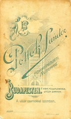 Magyarország, Budapest I., Fő és Markovits Iván (Plébánia) utca sarok, Pottok Sándor fényképészeti műterme. A felvétel 1892-ben készült., 1900, Mészöly Leonóra, műterem, fényképész, hátlap, Budapest, Fortepan #90330