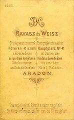 Románia,Erdély, Arad, Fő tér 41., Ravaszés Weisz fényképészeti műterme. A felvétel 1875-ben készült., 1900, Mészöly Leonóra, műterem, fényképész, hátlap, Fortepan #90338