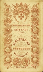 Magyarország, Sopron, Bécsi utca 2., Rupprecht Mihály fényképész. A felvétel 1884-ben készült., 1900, Mészöly Leonóra, műterem, fényképész, hátlap, Fortepan #90351