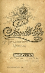 Magyarország, Budapest VIII., Baross utca 61., Schmidt Ede fényképészeti műterme. A felvétel 1895-ben készült., 1900, Mészöly Leonóra, műterem, fényképész, hátlap, Budapest, Fortepan #90356