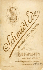 Magyarország, Budapest VIII., Baross (Stáció) utca 65., Schmidt Ede fényképészeti műterme. A felvétel 1880-ban készült., 1900, Mészöly Leonóra, műterem, fényképész, hátlap, Budapest, Fortepan #90357