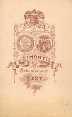 Magyarország, Budapest V., Sebestyén tér (a Klotild paloták építése során megszűnt), Simonyi fényképész. A felvétel 1871-ben készült., 1900, Mészöly Leonóra, műterem, fényképész, hátlap, Budapest, Fortepan #90369