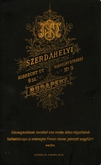 Magyarország, Budapest I., Hunyadi János (Albrecht) út 9., Szerdahelyi fényképész. A felvétel 1885-ben készült., 1900, Mészöly Leonóra, műterem, fényképész, hátlap, Budapest, Fortepan #90391