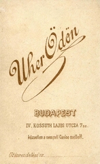 Magyarország, Budapest V., Kossuth Lajos utca 7., Uher Ödön fényképész. A felvétel 1893-ban készült., 1900, Mészöly Leonóra, műterem, fényképész, hátlap, Budapest, Fortepan #90407