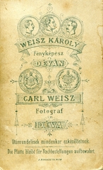 Románia,Erdély, Déva, Weisz Károly fényképész. A felvétel 1890-ben készült., 1900, Mészöly Leonóra, műterem, fényképész, hátlap, Fortepan #90418