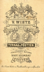 Szlovákia, Nagyszombat,Pöstyén, Wietz V. fényképészeti műterme. A felvétel 1880-ban készült., 1900, Mészöly Leonóra, műterem, fényképész, hátlap, Fortepan #90419