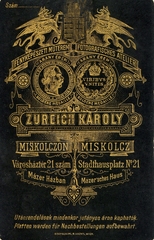 Magyarország, Miskolc, Városház tér 21., Zureich Károly fényképészeti műterme. A felvétel 1885-ben készült., 1900, Mészöly Leonóra, műterem, fényképész, hátlap, Fortepan #90426