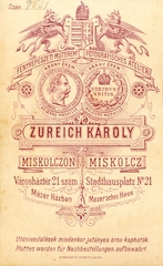 Magyarország, Miskolc, Városház tér 21., Zureich Károly fényképészeti műterme. A felvétel 1875-ben készült., 1900, Mészöly Leonóra, műterem, fényképész, hátlap, Fortepan #90428