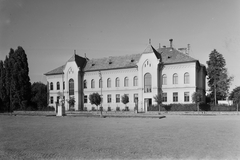 Magyarország, Mohács, Széchenyi tér, az Általános Iskola előtt a Zászlótartók szobra (Martinelli Jenő, 1937.)., 1955, UVATERV, egy dunai hajóút, középület, szobor, Fortepan #91003