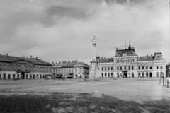 Magyarország, Baja, Szentháromság (Béke) tér, jobbra a Városi Tanács épülete (később Városháza)., 1955, UVATERV, egy dunai hajóút, tér, emlékmű, városközpont, Fortepan #91022