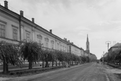 Magyarország, Kalocsa, Szent István király út, távolabb a Szent István király templom., 1955, UVATERV, egy dunai hajóút, utcakép, templom, fasor, Fortepan #91035