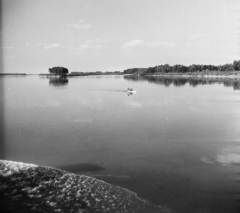 Magyarország, Kalocsa, Kalocsa-Meszes, szemben a Foktői-sziget., 1955, UVATERV, egy dunai hajóút, kajak, tükröződés, Fortepan #91060