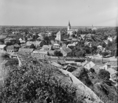 Magyarország, Dunaföldvár, a város látképe a Kálvária tetejéről., 1955, UVATERV, egy dunai hajóút, vasút, háztető, látkép, Fortepan #91069