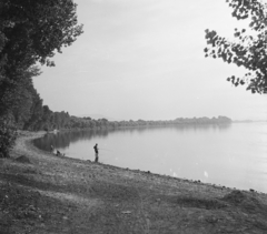 Magyarország, Esztergom, Duna-part a kikötő felett., 1955, UVATERV, egy dunai hajóút, folyópart, horgászat, Fortepan #91224