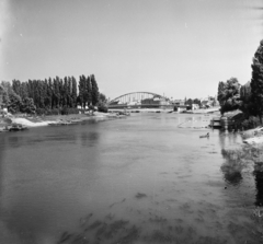 Magyarország, Győr, Mosoni Duna, szemben a Kossuth híd., 1955, UVATERV, egy dunai hajóút, híd, Beke József-terv, Fortepan #91262