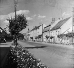 Magyarország, Mosonmagyaróvár, Fő utca, távolban a Piarista kápolna tornya., 1955, UVATERV, egy dunai hajóút, utcakép, virágágyás, porcelán szigetelő, légvezeték, főutca, Fortepan #91281