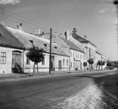 Magyarország, Mosonmagyaróvár, Szent István király (Lenin) út a Magtár utca felé nézve., 1955, UVATERV, egy dunai hajóút, légvezeték, sziréna, akácfa, főutca, Fortepan #91282