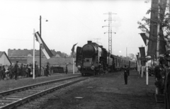 Magyarország, Budapest IV., Újpest vasútállomás, az újjáépített Újpesti vasúti híd átadási ünnepsége. Balra a háttérben a Temesvári utca - Berda József utca sarkon álló ház látszik, a vonat a Budapest-Angyalföld vasútállomás felől érkezik., 1955, UVATERV, vasút, zászló, közönség, címer, vasutas, vonat, MÁV 424 sorozat, Budapest, Fortepan #91301