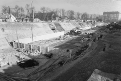 Magyarország, Budapest XIV., Kerepesi út. A metró és a gödöllői HÉV Hungária körúti, tervezett közös végállomásának építése., 1951, UVATERV, metróépítés, Budapest, munkagödör, szigetelés, Fortepan #91416