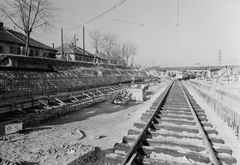 Magyarország, Budapest XIII.,Budapest IV., Béke utcai közúti aluljáró építkezése a Gyöngyösi utca irányából nézve., 1955, UVATERV, villamos, kocsiszín, Budapest, FVV-szervezet, Fortepan #91521